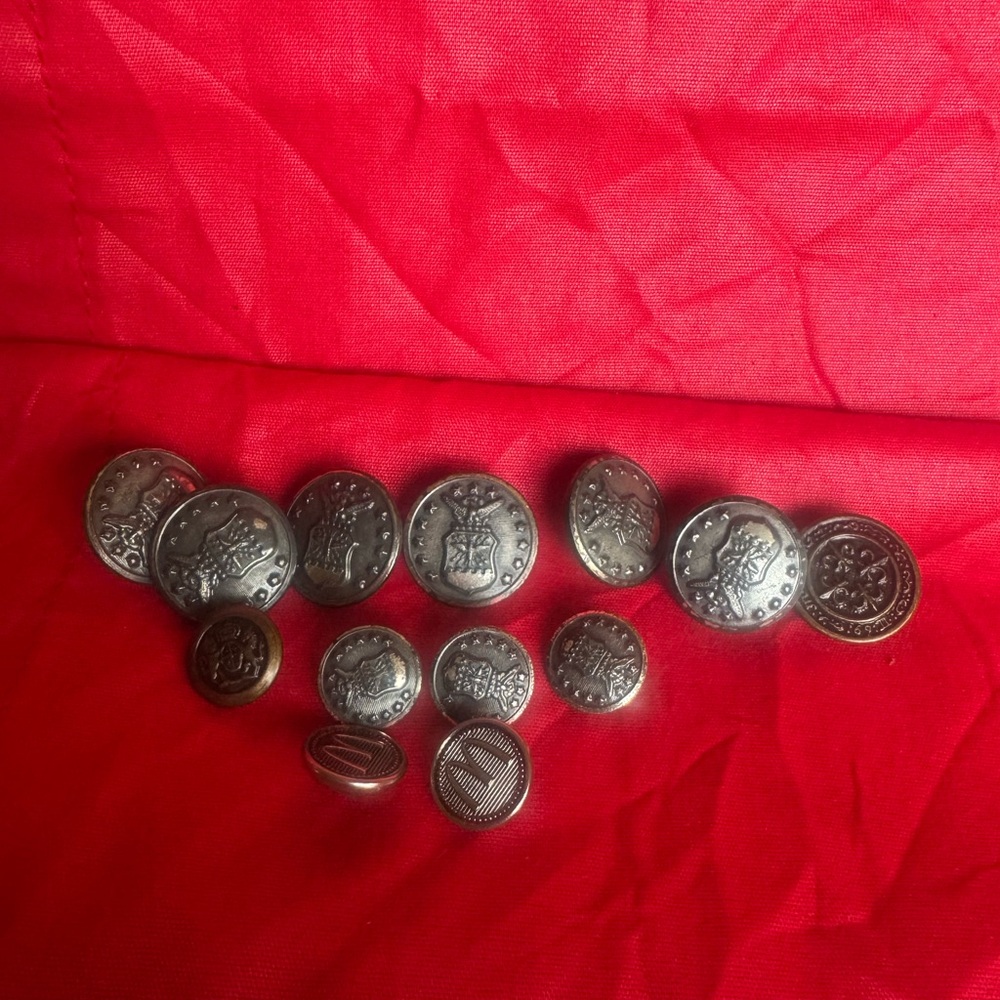 Waterbury Military Buttons.  Set of Silver Metal Buttons with Designs